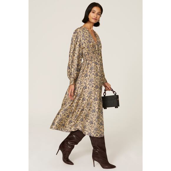 SANDRO Yellow Floral Print Deep V-Neck Airy Puffed Sleeves Midi Dress Size 40 - Picture 2 of 14